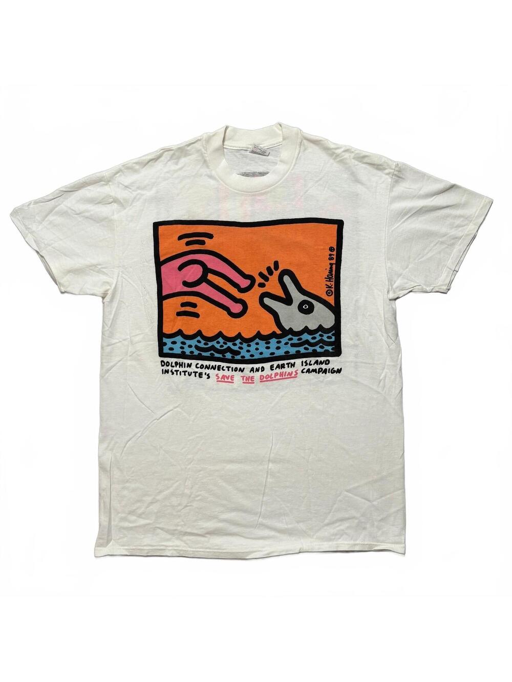 VTG 80's Keith Haring Save The Dolphins Art Graphic T-Shirt Men's XL White